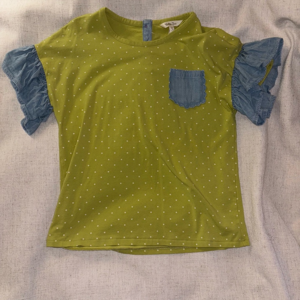 Matilda Jane Green Polka Dot Tee with Blue Ruffle Sleeves